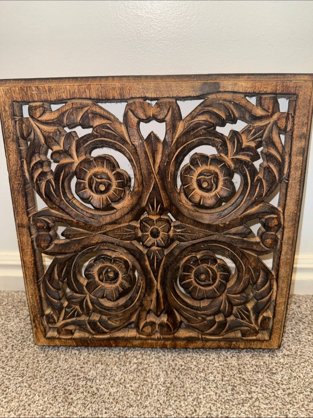 Carved Brown Floral Wood Wall Panel - Decorative Home Wall Decor